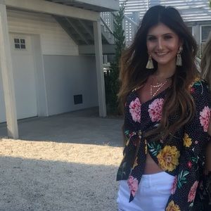 Topshop black polka dot floral long flare sleeve crop top tie front